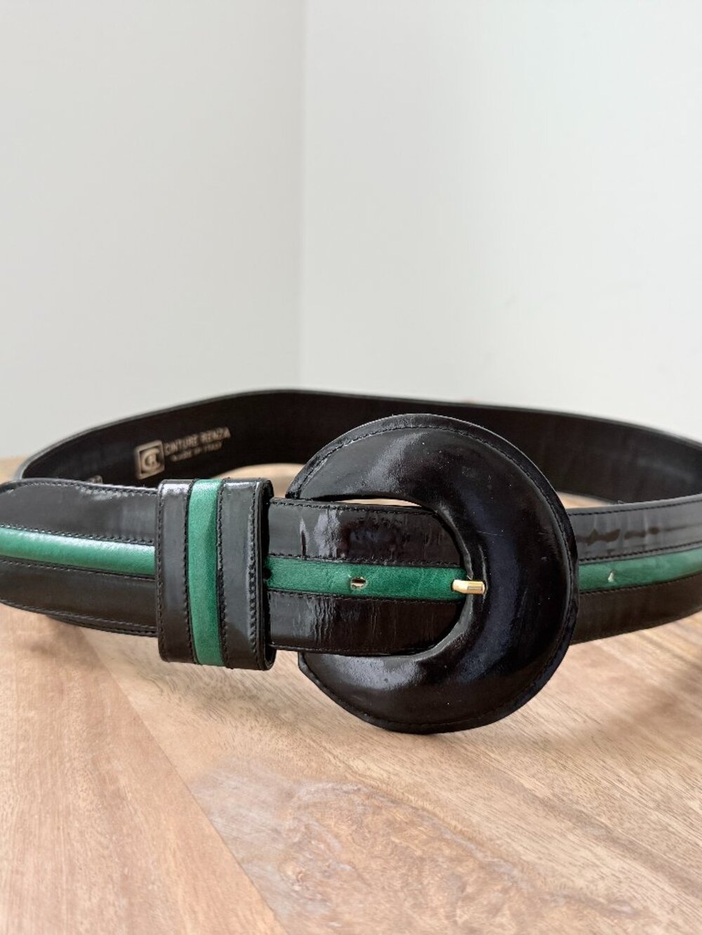 Vintage CINTURE RENZA Italy Black Patent Leather Green Stripe Wide Belt Size 70